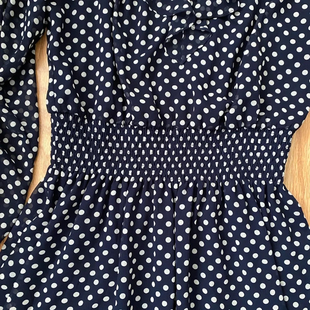 Lauren Ralph Lauren Polka Dot Chiffon Midi Dress Smocked Waist Navy Size 12 - Picture 11 of 14
